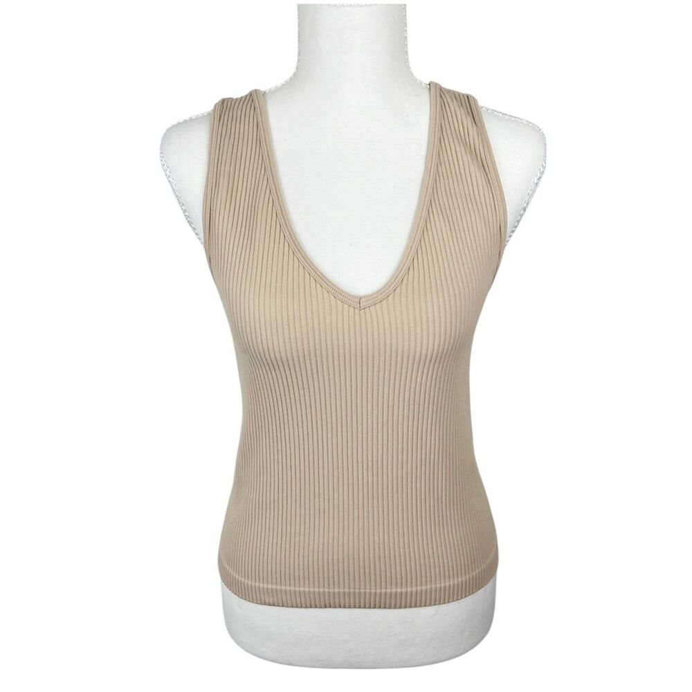 Gypsy + Jade Tank Top Women Large / XL Nude Tan Stretch Ribbed Knit V-Neck